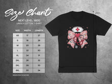 Load image into Gallery viewer, Next Level 3600 unisex cotton t-shirt size chart with measurements.
