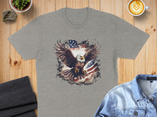 Load image into Gallery viewer, Grey t-shirt with eagle and American flag graphic.
