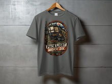 Load image into Gallery viewer, Gray t-shirt with graphic of backpack, radio gear, and text "Pack Light Work DX Radio Expedition Kit".
