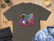 Load image into Gallery viewer, T-shirt with LPN text, nurse, stethoscope, and medical supplies.
