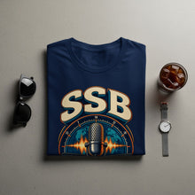 Load image into Gallery viewer, Navy t-shirt with SSB logo featuring a microphone and globe graphic.
