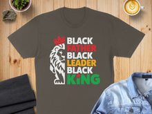 Load image into Gallery viewer, Black Father Leader King text with lion on brown t-shirt.
