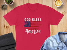 Load image into Gallery viewer, Red t-shirt with American flag and "God Bless America" text.
