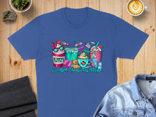Load image into Gallery viewer, Blue t-shirt with "Licensed Vocational Nurse" text and medical-themed cartoon drinks.
