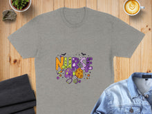 Load image into Gallery viewer, Grey t-shirt with "Nurse" in a festive, Halloween-themed graphic design.

