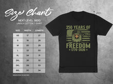 Load image into Gallery viewer, Size chart for Next Level 3600 t-shirt with 250 Years of Freedom graphic.
