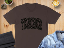 Load image into Gallery viewer, Brown t-shirt with "TEACHER" in a checkered pattern.
