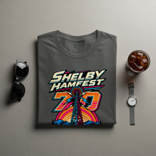 Load image into Gallery viewer, Grey t-shirt with "Shelby Hamfest 70" graphic featuring a radio tower and mountains.
