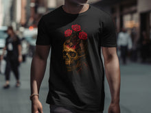 Load image into Gallery viewer, Skull with Roses and Gears Design Black T-Shirt
