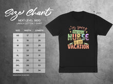 Load image into Gallery viewer, Size chart for Next Level 3600 unisex cotton t-shirt with vacation nurse graphic.
