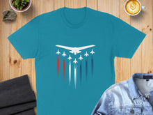 Load image into Gallery viewer, Teal t-shirt with white fighter jets flying in formation leaving red and blue trails.
