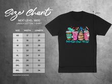 Load image into Gallery viewer, Size chart for a Next Level 3600 unisex cotton t-shirt with Intensive Care Nurse graphic.

