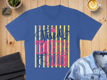 Load image into Gallery viewer, Tired Teachers Club text design on a royal blue t-shirt.
