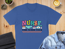 Load image into Gallery viewer, Blue t-shirt with "NURSE TIME TOUR" text and medical icons.
