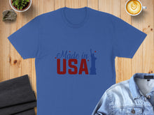 Load image into Gallery viewer, Blue t-shirt with "Made in USA" text and Statue of Liberty graphic.
