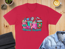 Load image into Gallery viewer, Red t-shirt with "MA Medical Assistant" text and medical-themed coffee cups.
