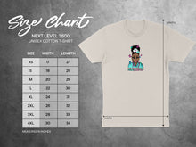 Load image into Gallery viewer, Unisex cotton t-shirt size chart with width and length measurements in inches.
