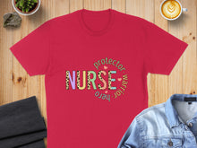 Load image into Gallery viewer, Red t-shirt with "Nurse Protector Warrior Hero" text in colorful, patterned letters.
