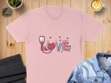 Load image into Gallery viewer, Pink t-shirt with stethoscope, heart, syringe, and "love" text.
