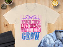 Load image into Gallery viewer, Teacher appreciation t-shirt with pink and blue stripes and floral design.
