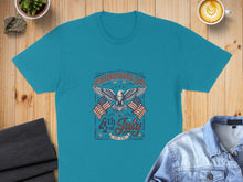 Load image into Gallery viewer, Teal t-shirt with Independence Day eagle and American flags graphic.
