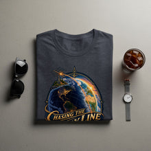 Load image into Gallery viewer, Dark grey t-shirt with globe, antenna, and text "CHASING THE GRAY LINE".
