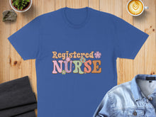 Load image into Gallery viewer, Blue t-shirt with "Registered Nurse" text in retro, colorful lettering.
