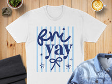 Load image into Gallery viewer, White t-shirt with "Friyay" and stars graphic on blue stripes.
