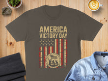 Load image into Gallery viewer, T-shirt with distressed American flag and text "America Victory Day May 08".
