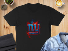 Load image into Gallery viewer, Vibrant NY Blue and Red Design on Black Shirt
