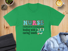 Load image into Gallery viewer, Green t-shirt with "Nurse" text, stethoscope, and coffee cup design.
