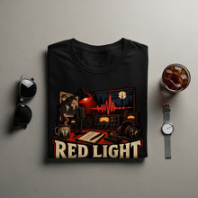 Load image into Gallery viewer, Black t-shirt with a radio station scene and "RED LIGHT" text.
