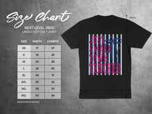 Load image into Gallery viewer, Next Level 3600 unisex t-shirt size chart with width and length measurements.
