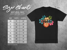 Load image into Gallery viewer, Size chart for Next Level 3600 unisex cotton t-shirt with dimensions in inches.
