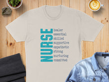 Load image into Gallery viewer, Cream t-shirt with "NURSE" in large text and a list of positive adjectives.
