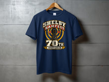 Load image into Gallery viewer, Navy t-shirt with Shelby Hamfest 70th 1957-2026 graphic.
