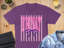Load image into Gallery viewer, Purple t-shirt with pink "FRIDAY" text and a blue bow.
