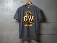 Load image into Gallery viewer, Dark grey t-shirt with "TEAM CW LESS BANDWIDTH MORE SKILL" text and imagery.
