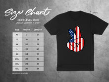 Load image into Gallery viewer, Next Level 3600 t-shirt size chart with dimensions in inches.
