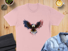 Load image into Gallery viewer, Pink t-shirt with distressed American flag eagle graphic.
