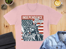 Load image into Gallery viewer, Statue of Liberty on American flag background, "Independence Day" text.
