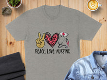 Load image into Gallery viewer, Gray t-shirt with pink leopard print peace sign, stethoscope, and heart.
