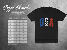 Load image into Gallery viewer, Next Level 3600 unisex cotton t-shirt size chart with measurements.
