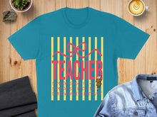 Load image into Gallery viewer, Teal t-shirt with "Teacher" graphic in pink and yellow stripes with leopard print detail.
