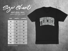 Load image into Gallery viewer, Unisex cotton t-shirt size chart for Next Level 3600, listing XS-4XL sizes, width, and length in inches.
