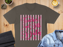 Load image into Gallery viewer, Dark grey t-shirt with pink stripes and "Teacher Off Duty" text.

