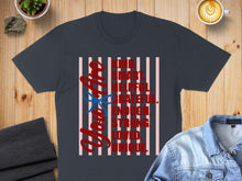 Load image into Gallery viewer, Dark grey t-shirt with red lettering, "ARE YOU KIND, SMART, HELPFUL, ENOUGH, STRONG, LOVED, UNIQUE".
