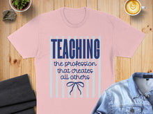 Load image into Gallery viewer, Pink t-shirt with "TEACHING the profession that creates all others" text.
