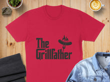 Load image into Gallery viewer, Red t-shirt with "The Grillfather" text and a sausage on a fork graphic.
