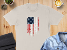 Load image into Gallery viewer, T-shirt with an American flag design made of rifles and guns.
